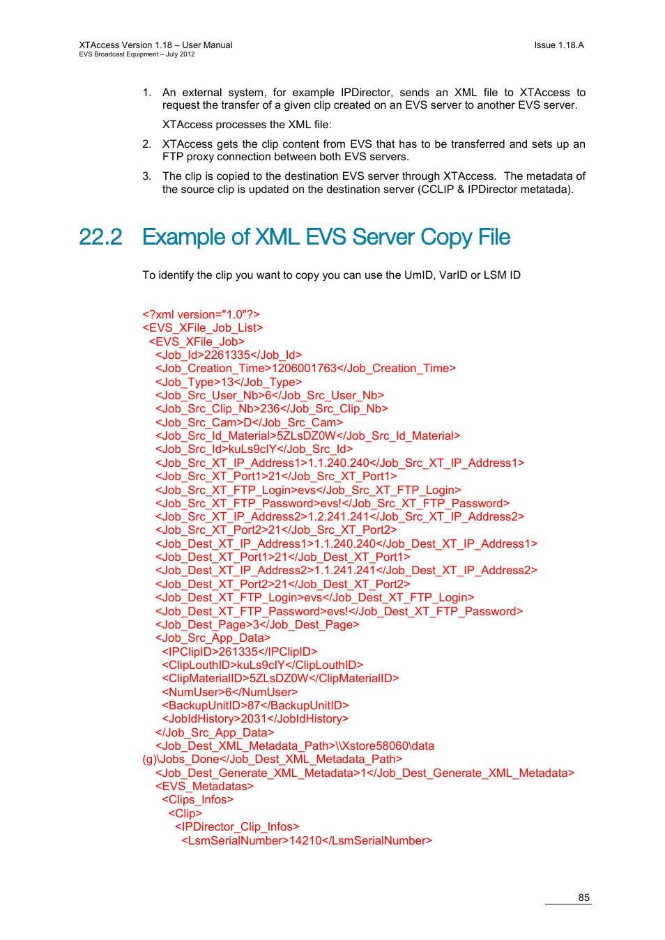 2 example of xml evs server copy file | EVS XTAccess Version 1.18 - July 2012 User Manual User Manual | Page 95 / 109