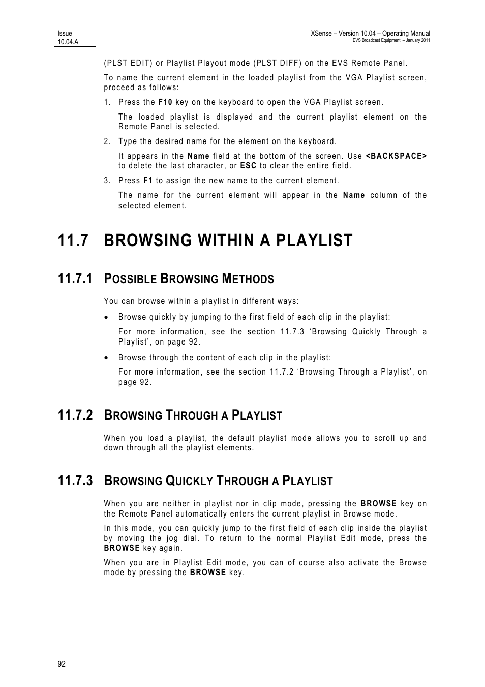 7 browsing within a playlist, 1 possible browsing methods, 2 browsing through a playlist | 3 browsing quickly through a playlist, A playlist, List | EVS XSense Version 10.04 - January 2011 Operating Manual User Manual | Page 101 / 164