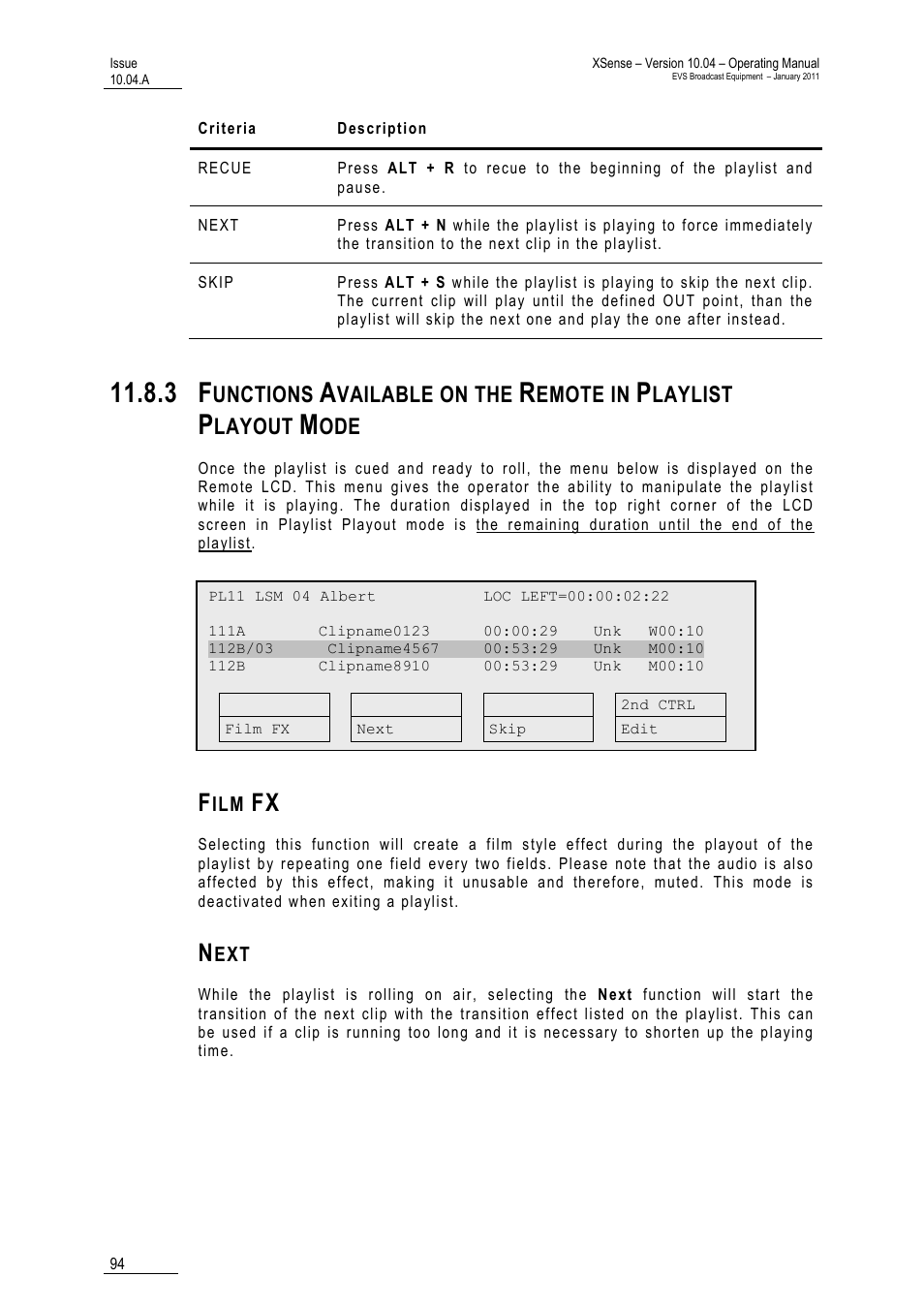 Film fx, Next, Unctions | Vailable on the, Emote in, Laylist, Layout | EVS XSense Version 10.04 - January 2011 Operating Manual User Manual | Page 103 / 164