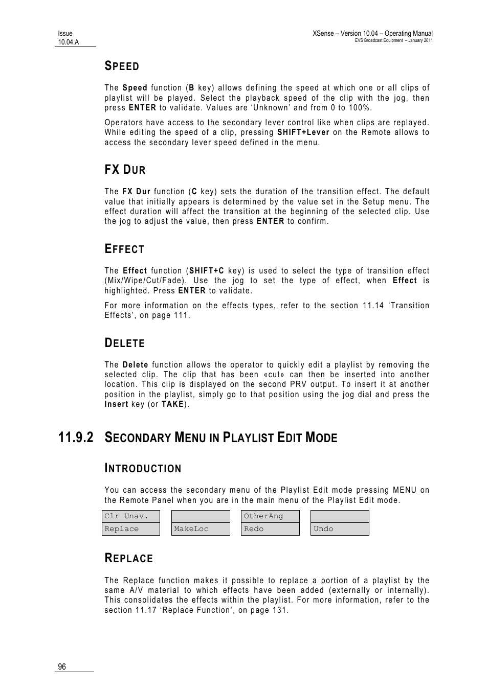 Speed, Fx dur, Effect | Delete, 2 secondary menu in playlist edit mode, Introduction, Replace | EVS XSense Version 10.04 - January 2011 Operating Manual User Manual | Page 105 / 164