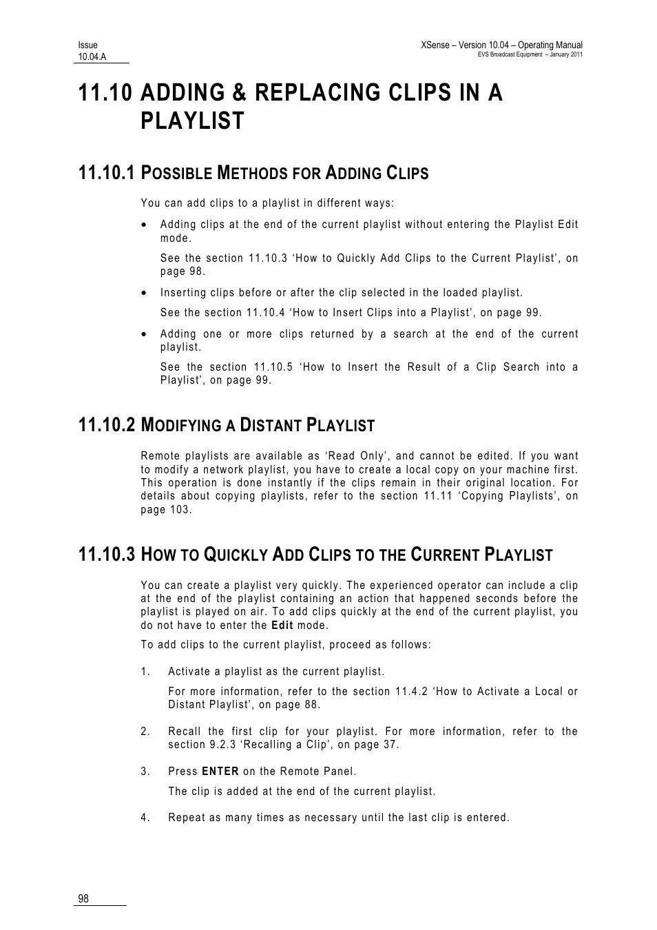 10 adding & replacing clips in a playlist, 1 possible methods for adding clips, 2 modifying a distant playlist | 3 how to quickly add clips to the current playlist, Playlist, Aylist | EVS XSense Version 10.04 - January 2011 Operating Manual User Manual | Page 107 / 164