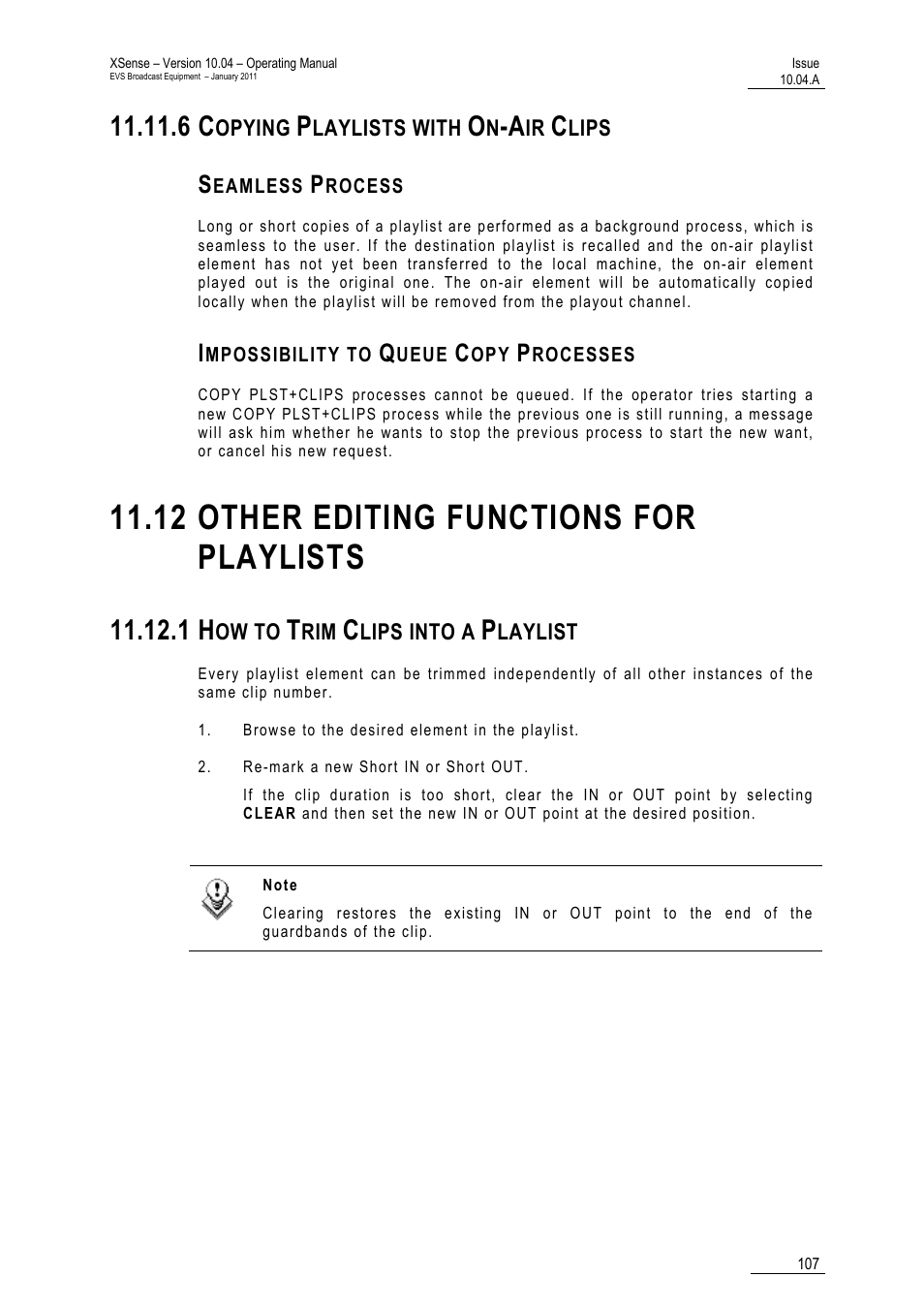 6 copying playlists with on-air clips, Seamless process, Impossibility to queue copy processes | 12 other editing functions for playlists, 1 how to trim clips into a playlist, Aylists | EVS XSense Version 10.04 - January 2011 Operating Manual User Manual | Page 116 / 164