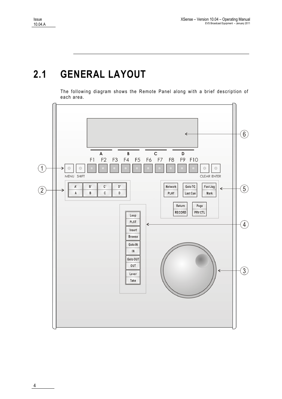 Remote controller, 1 general layout | EVS XSense Version 10.04 - January 2011 Operating Manual User Manual | Page 13 / 164
