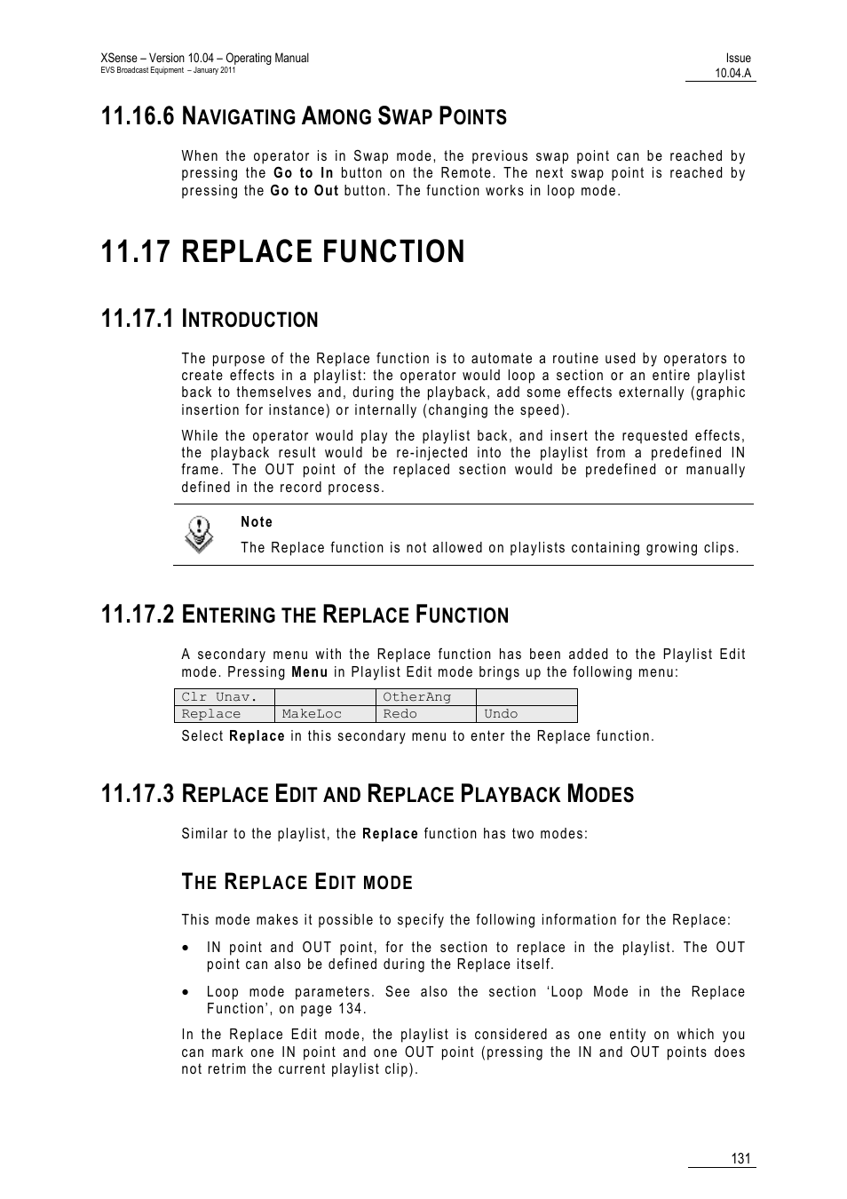 6 navigating among swap points, 17 replace function, 1 introduction | 2 entering the replace function, 3 replace edit and replace playback modes, The replace edit mode, Unction, 17 ‘replace function | EVS XSense Version 10.04 - January 2011 Operating Manual User Manual | Page 140 / 164