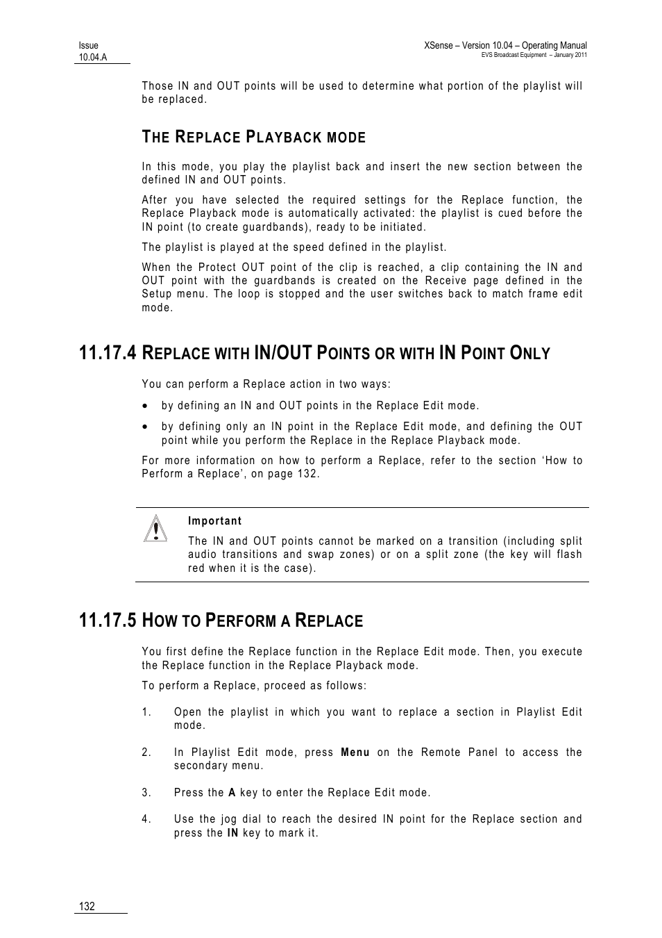 The replace playback mode, 4 replace with in/out points or with in point only, 5 how to perform a replace | In/out | EVS XSense Version 10.04 - January 2011 Operating Manual User Manual | Page 141 / 164