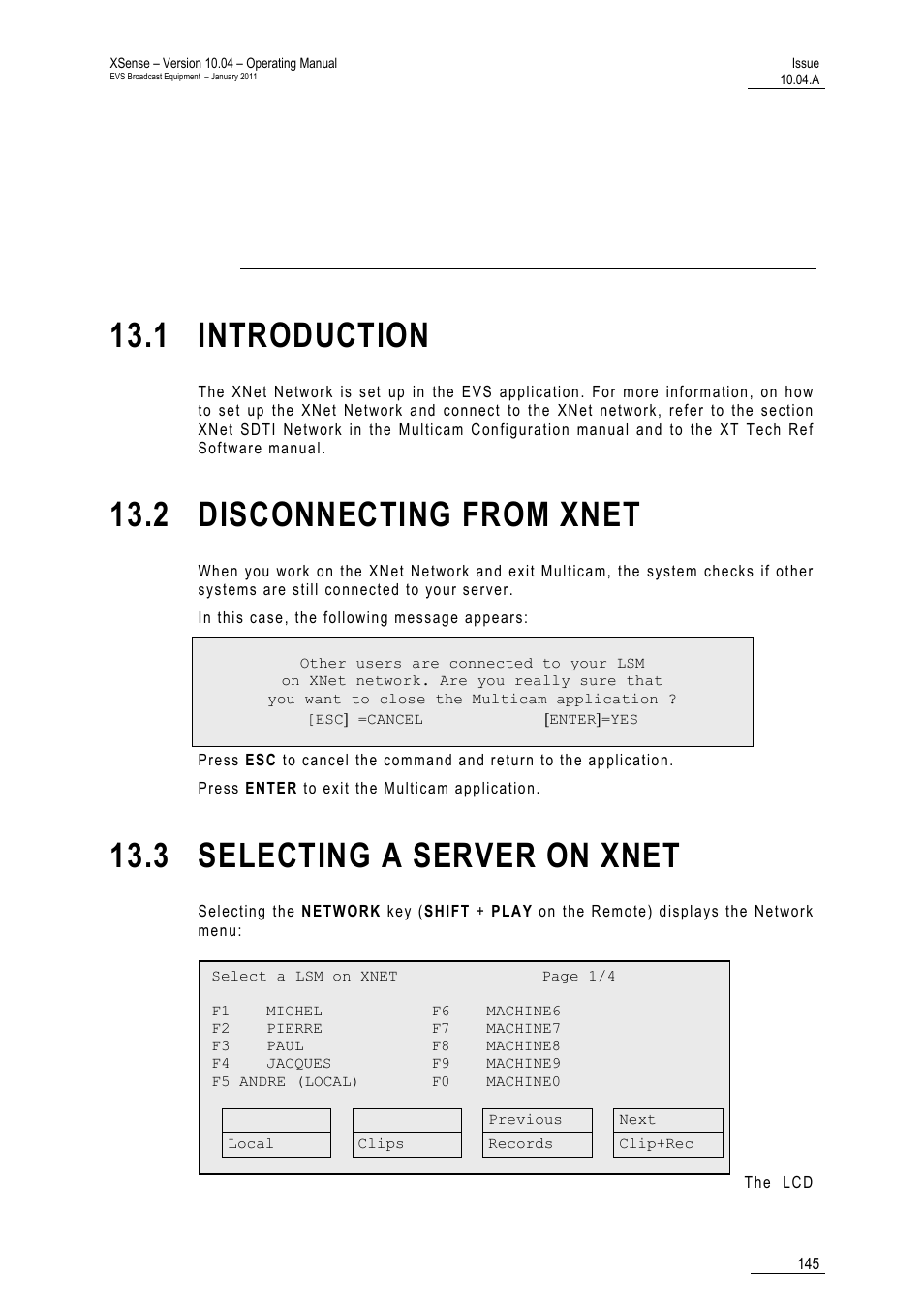 Operating on xnet network, 1 introduction, 2 disconnecting from xnet | 3 selecting a server on xnet | EVS XSense Version 10.04 - January 2011 Operating Manual User Manual | Page 154 / 164