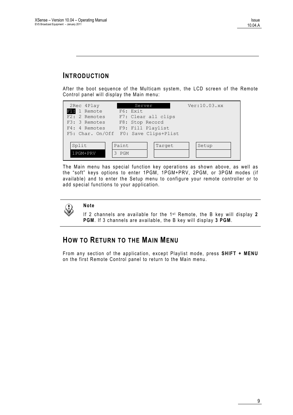 Main menu, Introduction, How to return to the main menu | EVS XSense Version 10.04 - January 2011 Operating Manual User Manual | Page 18 / 164