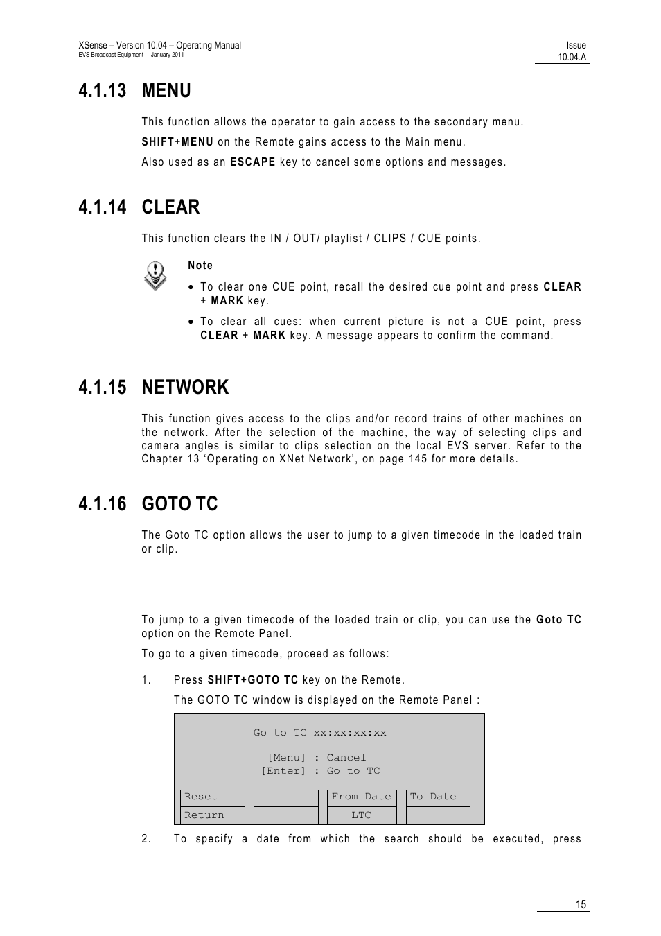 13 menu, 14 clear, 15 network | 16 goto tc, How to go to a given timecode, 16 goto | EVS XSense Version 10.04 - January 2011 Operating Manual User Manual | Page 24 / 164