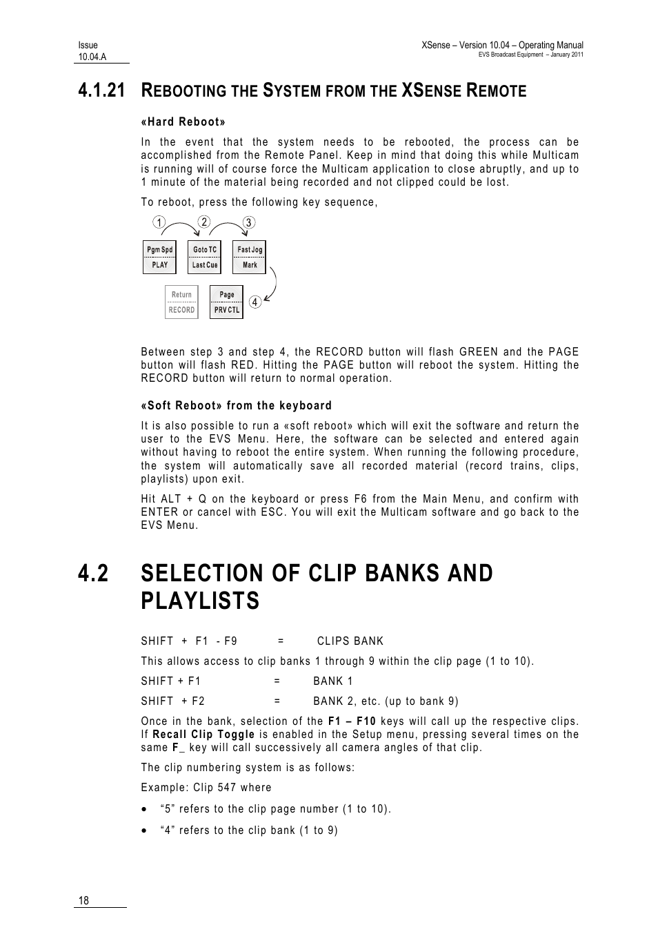 21 rebooting the system from the xsense remote, Hard reboot, Soft reboot» from the keyboard | 2 selection of clip banks and playlists, Remote, Aylists, 21 r, Ebooting the, Ystem from the, Ense | EVS XSense Version 10.04 - January 2011 Operating Manual User Manual | Page 27 / 164