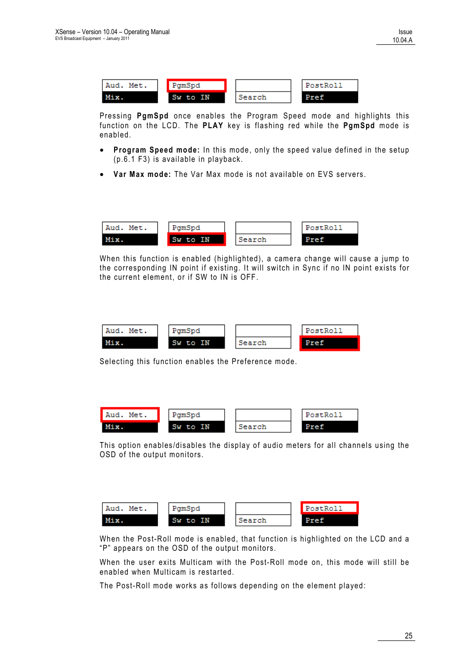Pgmspd/varmax, Sw to in, Pref | Aud.met, Postroll | EVS XSense Version 10.04 - January 2011 Operating Manual User Manual | Page 34 / 164