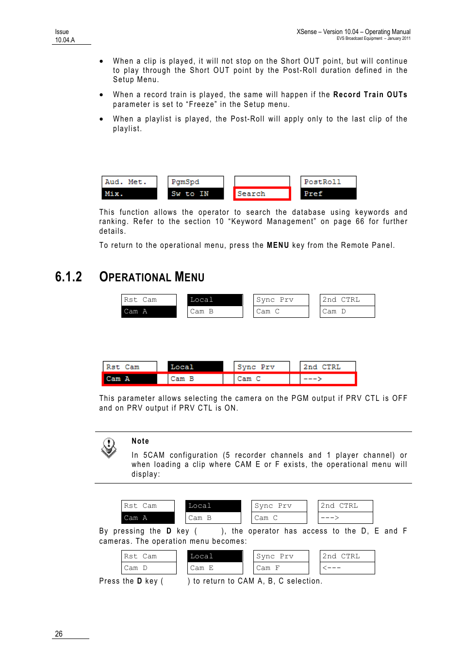 Search, 2 operational menu, Cam a/ b /c /d | Perational | EVS XSense Version 10.04 - January 2011 Operating Manual User Manual | Page 35 / 164
