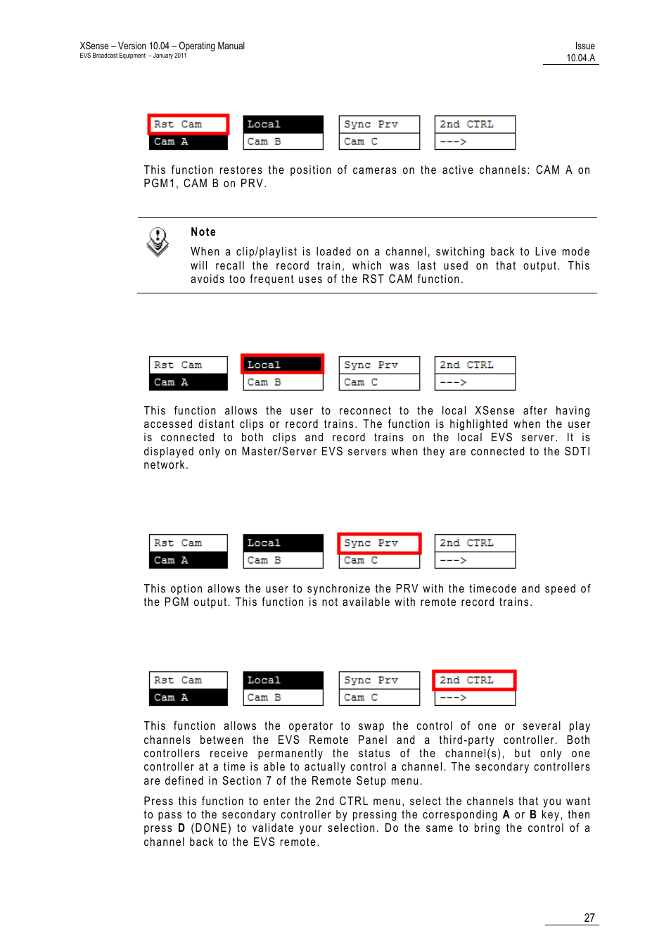 Rst cam, Local, Sync prv | 2nd ctrl | EVS XSense Version 10.04 - January 2011 Operating Manual User Manual | Page 36 / 164