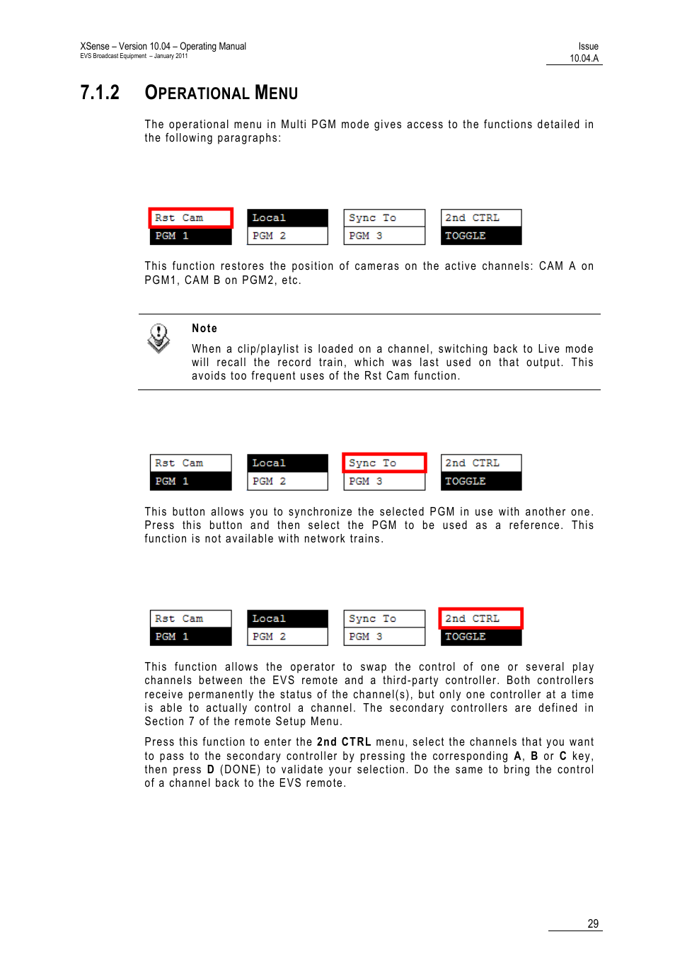 2 operational menu, Rst cam, Sync to | 2nd ctrl, Perational | EVS XSense Version 10.04 - January 2011 Operating Manual User Manual | Page 38 / 164