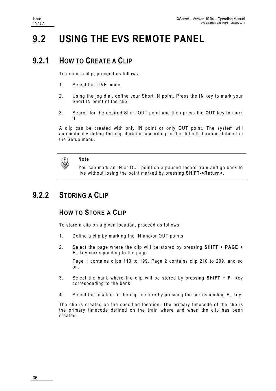 2 using the evs remote panel, 1 how to create a clip, 2 storing a clip | How to store a clip, Mote panel, Ow to, Reate a, Toring a | EVS XSense Version 10.04 - January 2011 Operating Manual User Manual | Page 45 / 164