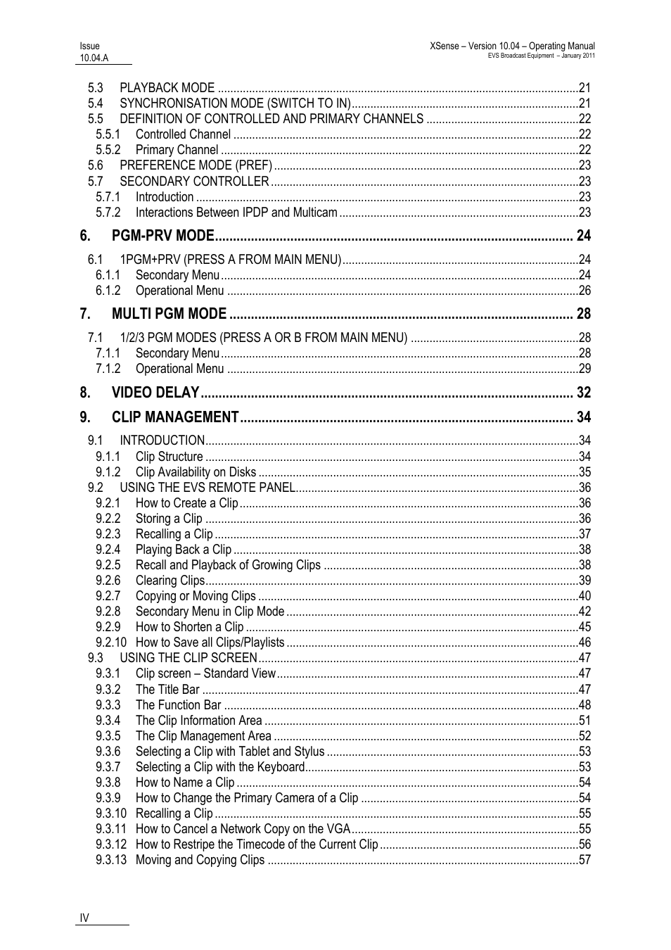 Pgm-prv mode, Multi pgm mode, Video delay | Clip management | EVS XSense Version 10.04 - January 2011 Operating Manual User Manual | Page 5 / 164