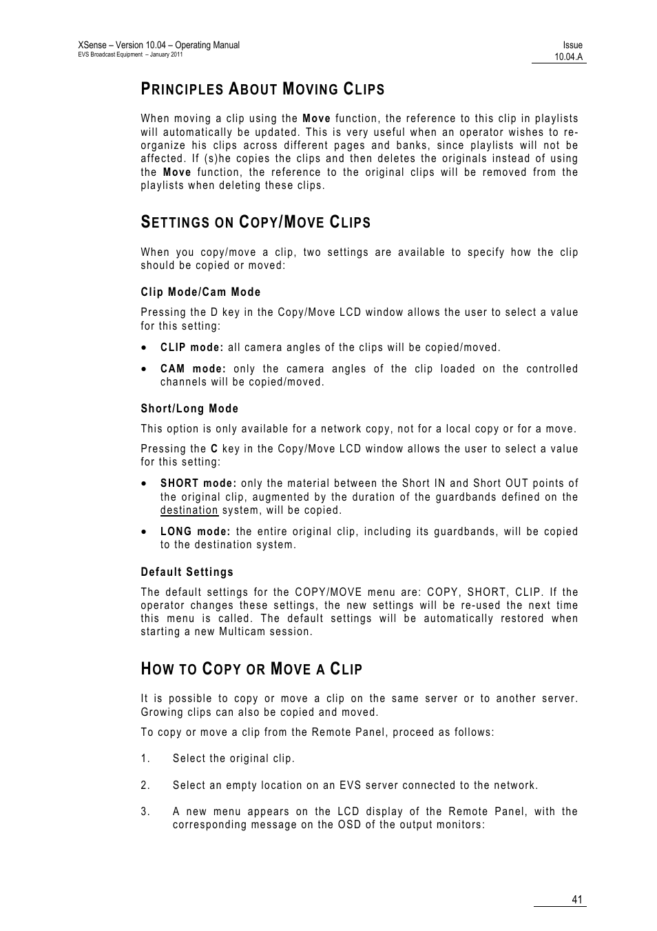 Principles about moving clips, Settings on copy/move clips, Clip mode/cam mode | Short/long mode, Default settings, How to copy or move a clip | EVS XSense Version 10.04 - January 2011 Operating Manual User Manual | Page 50 / 164