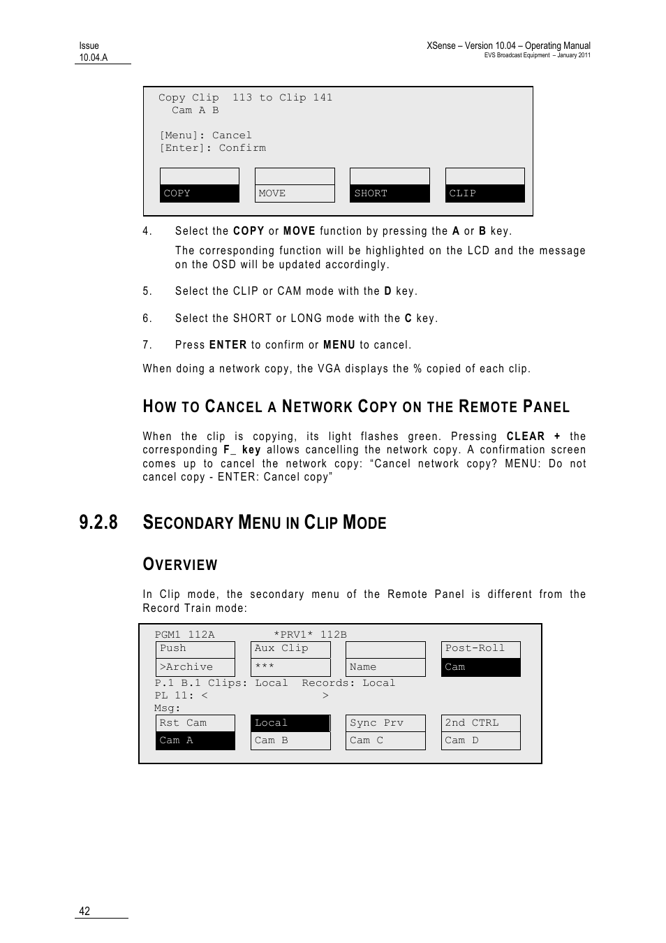 How to cancel a network copy on the remote panel, 8 secondary menu in clip mode, Overview | Econdary, Enu in | EVS XSense Version 10.04 - January 2011 Operating Manual User Manual | Page 51 / 164