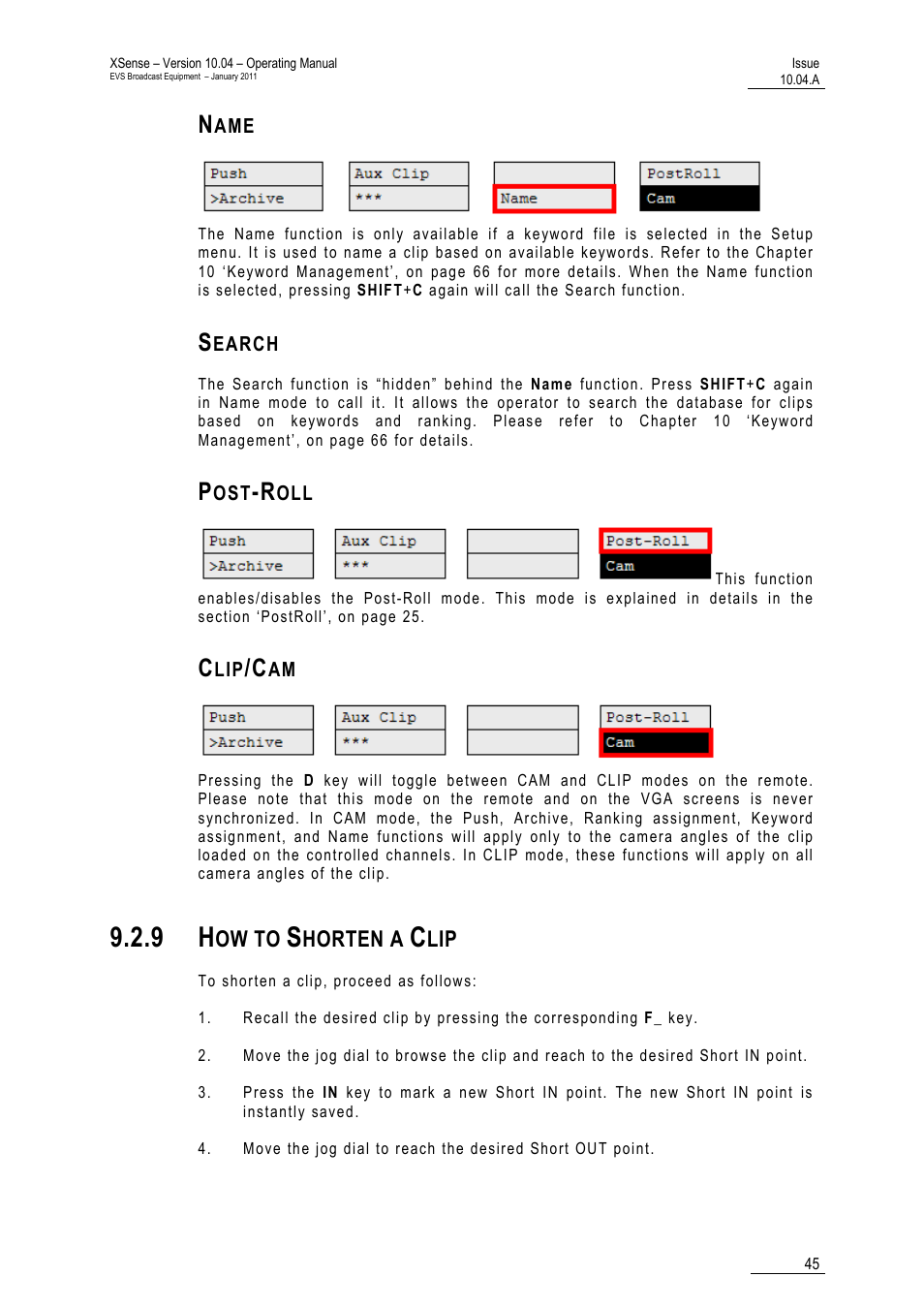 Name, Search, Post-roll | Clip/cam, 9 how to shorten a clip, Ow to, Horten a | EVS XSense Version 10.04 - January 2011 Operating Manual User Manual | Page 54 / 164