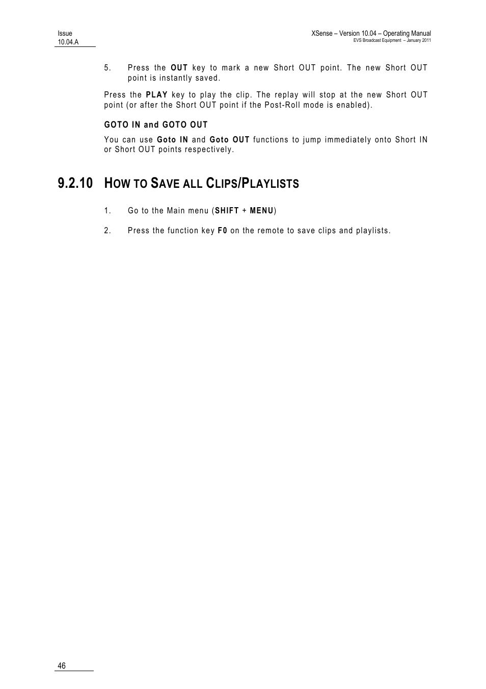 Goto in and goto out, 10 how to save all clips/playlists, Clips/playlists | 10 h, Ow to, Ave all, Lips, Laylists | EVS XSense Version 10.04 - January 2011 Operating Manual User Manual | Page 55 / 164