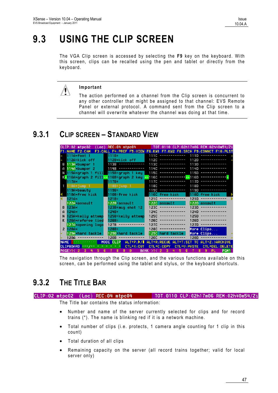 3 using the clip screen, 1 clip screen – standard view, 2 the title bar | EVS XSense Version 10.04 - January 2011 Operating Manual User Manual | Page 56 / 164