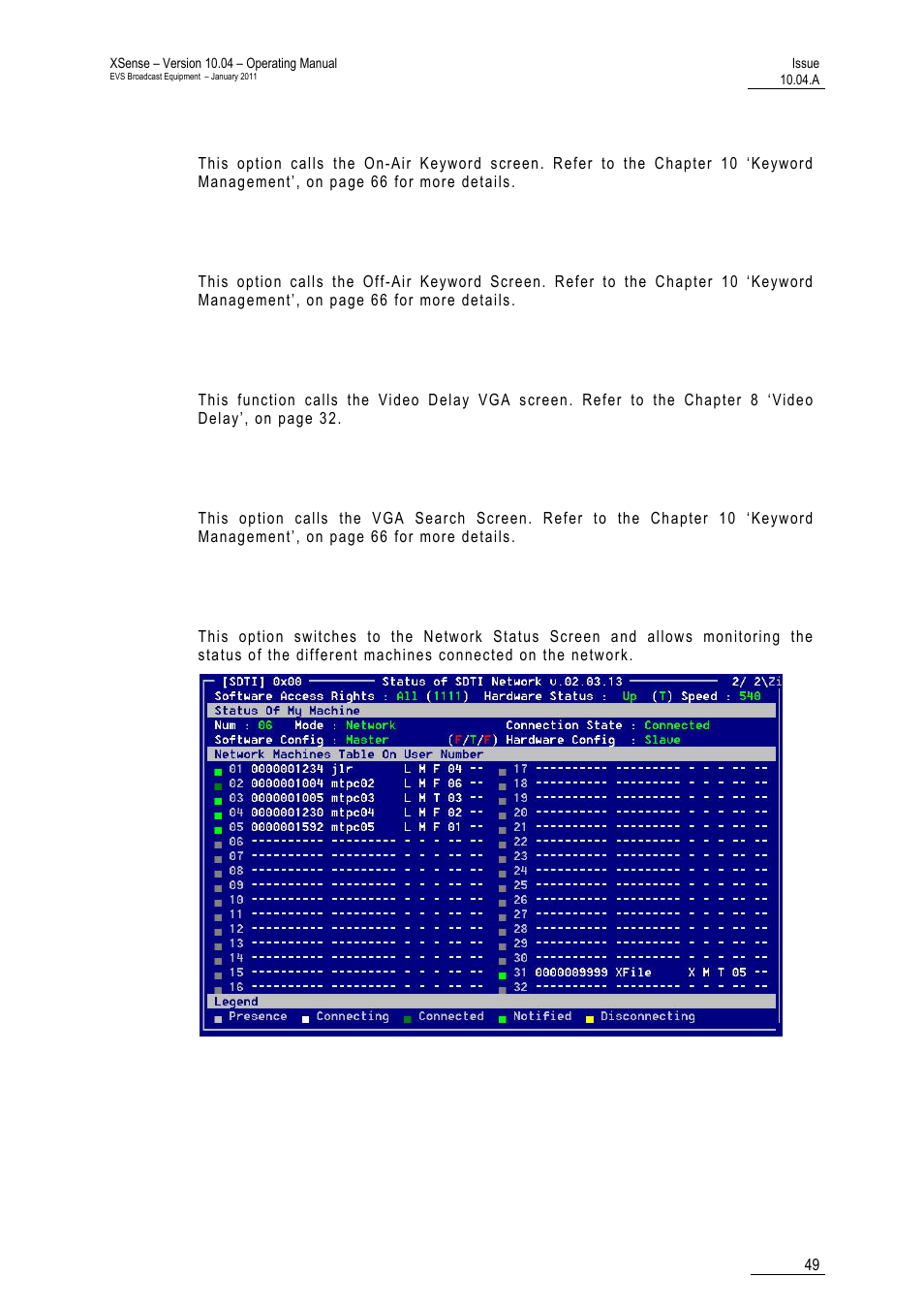 F6: kw1, F7: kw2, Shift+f7:delay | F8: search, Shift+f8:net | EVS XSense Version 10.04 - January 2011 Operating Manual User Manual | Page 58 / 164