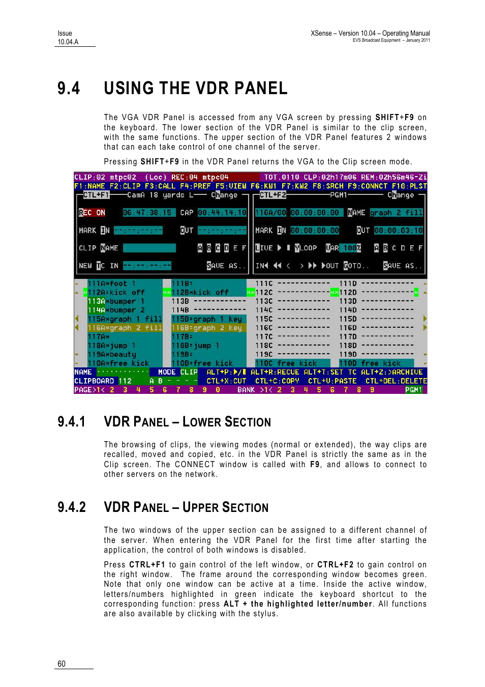 4 using the vdr panel, 1 vdr panel – lower section, 2 vdr panel – upper section | 1 vdr, 2 vdr | EVS XSense Version 10.04 - January 2011 Operating Manual User Manual | Page 69 / 164