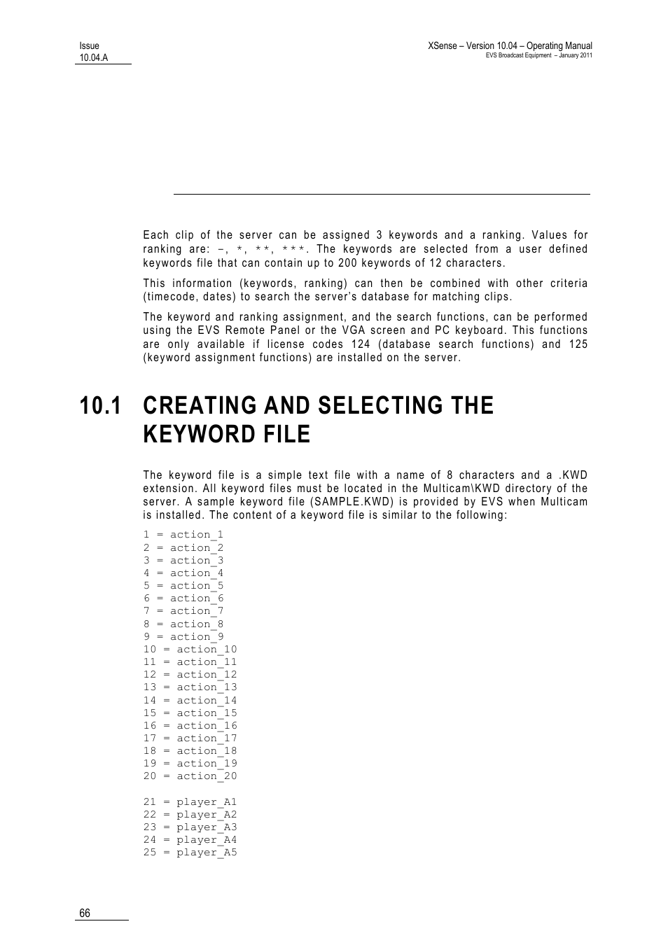 Keyword management, 1 creating and selecting the keyword file, 10 ‘keyword management | 66 f, 66 fo | EVS XSense Version 10.04 - January 2011 Operating Manual User Manual | Page 75 / 164