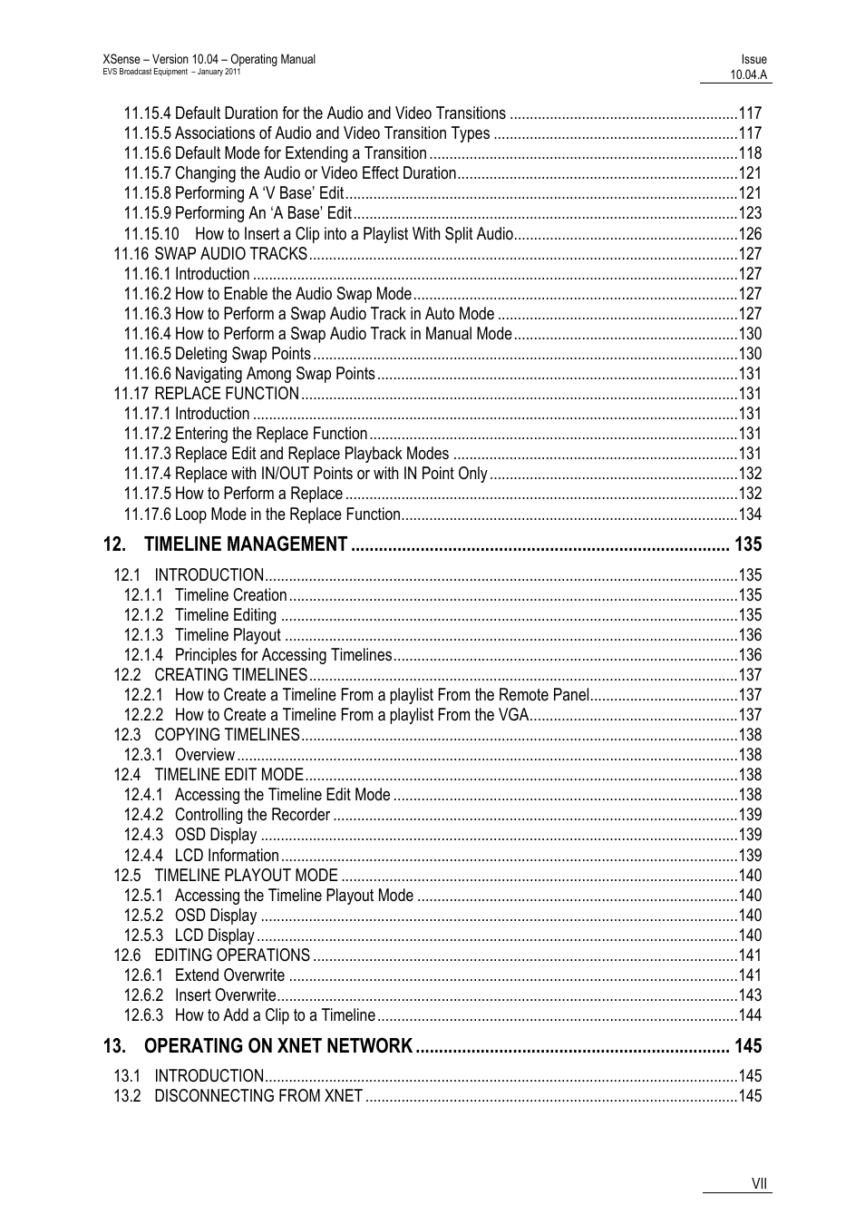 Timeline management, Operating on xnet network | EVS XSense Version 10.04 - January 2011 Operating Manual User Manual | Page 8 / 164