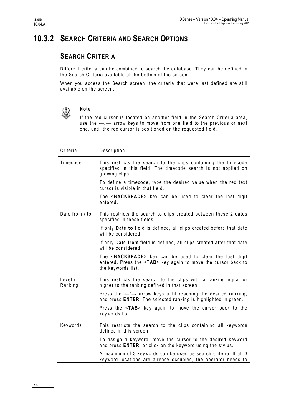 2 search criteria and search options, Search criteria, Earch | Riteria and, Ptions | EVS XSense Version 10.04 - January 2011 Operating Manual User Manual | Page 83 / 164