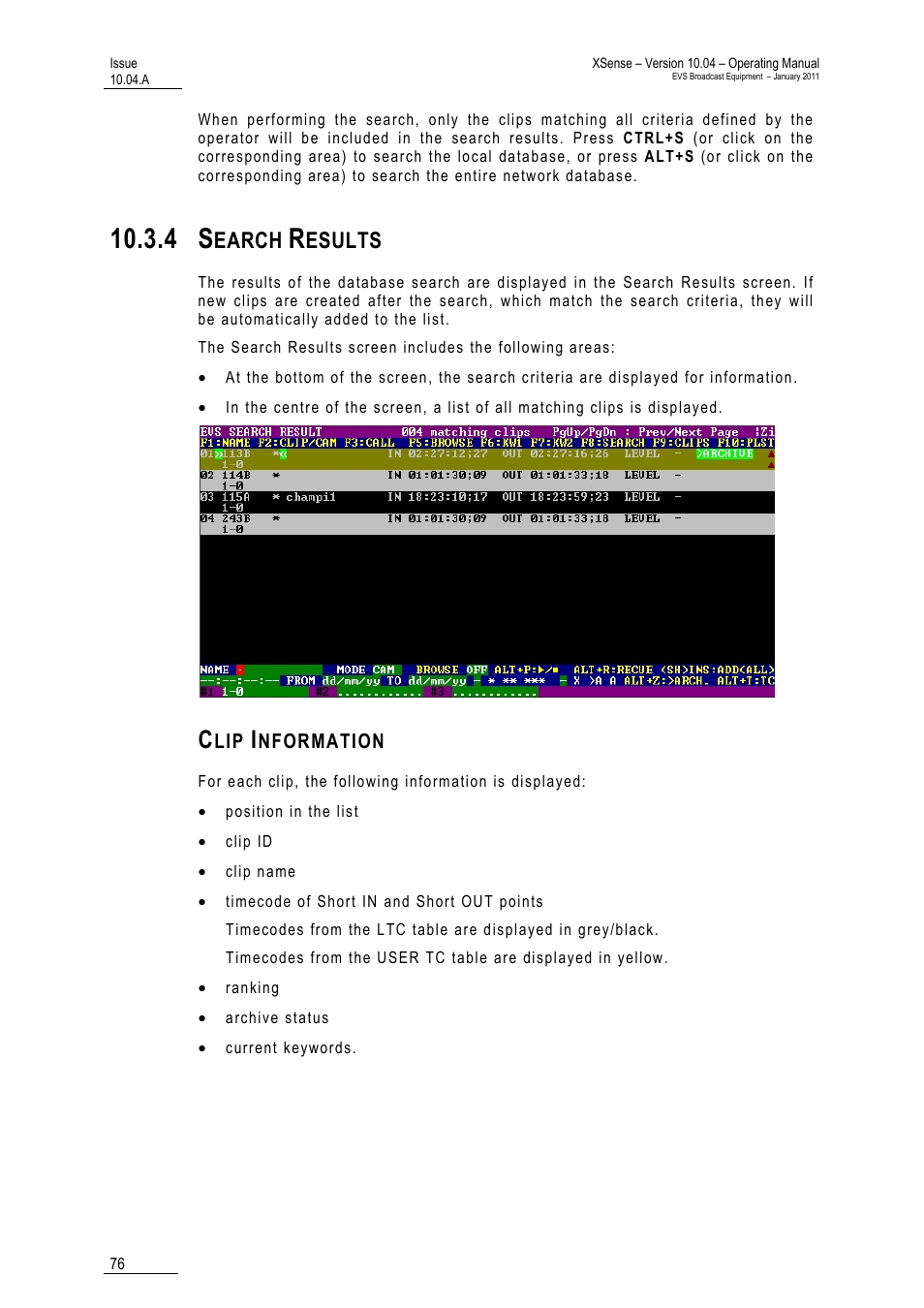 4 search results, Clip information, Earch | Esults | EVS XSense Version 10.04 - January 2011 Operating Manual User Manual | Page 85 / 164