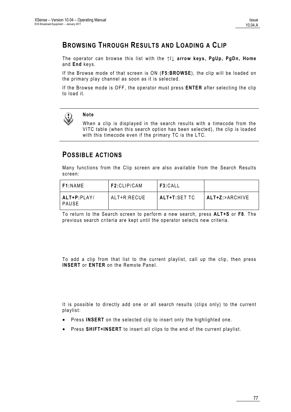 Browsing through results and loading a clip, Possible actions | EVS XSense Version 10.04 - January 2011 Operating Manual User Manual | Page 86 / 164