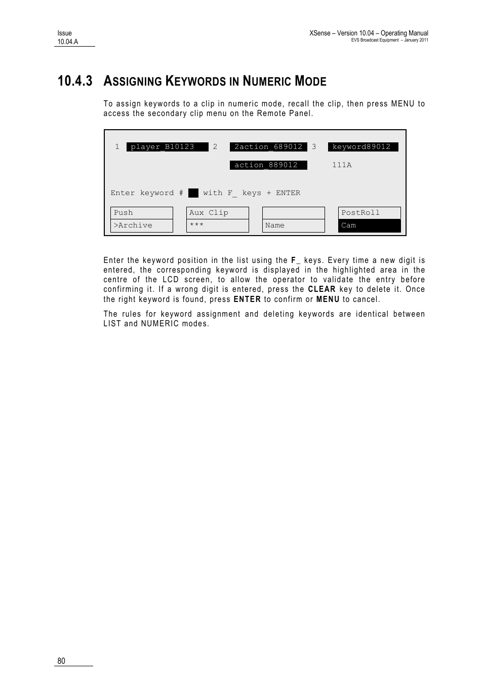 3 assigning keywords in numeric mode, Ssigning, Eywords in | Umeric | EVS XSense Version 10.04 - January 2011 Operating Manual User Manual | Page 89 / 164