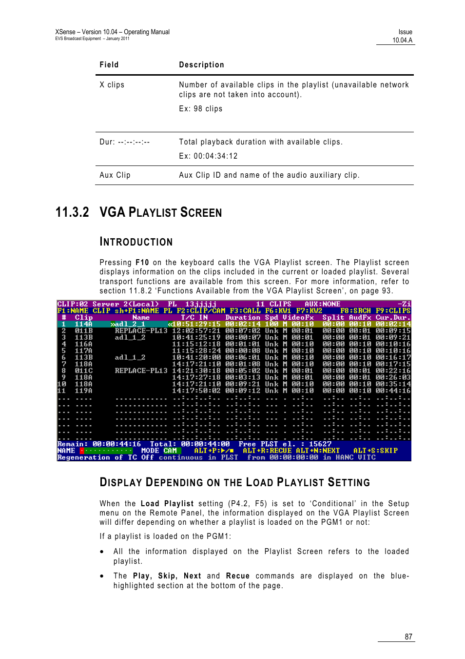 2 vga playlist screen, Introduction, Display depending on the load playlist setting | 2 vga, Laylist, Creen | EVS XSense Version 10.04 - January 2011 Operating Manual User Manual | Page 96 / 164