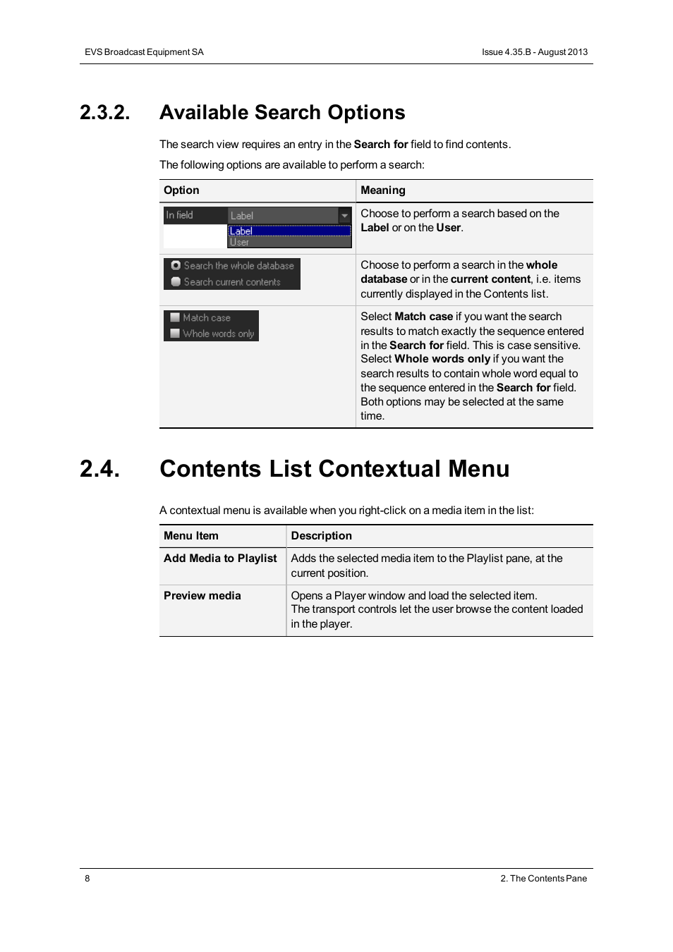 Available search options, Contents list contextual menu | EVS XEDIO Playout Organizer Version 4.35 - August 2013 User Manual User Manual | Page 16 / 36