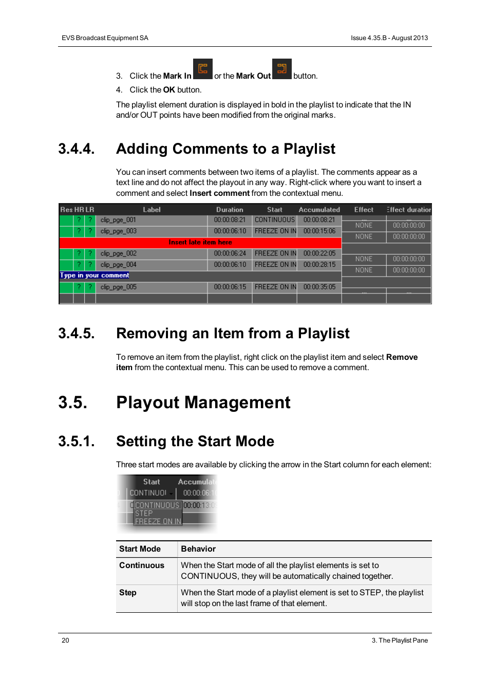 Adding comments to a playlist, Removing an item from a playlist, Playout management | Setting the start mode | EVS XEDIO Playout Organizer Version 4.35 - August 2013 User Manual User Manual | Page 28 / 36