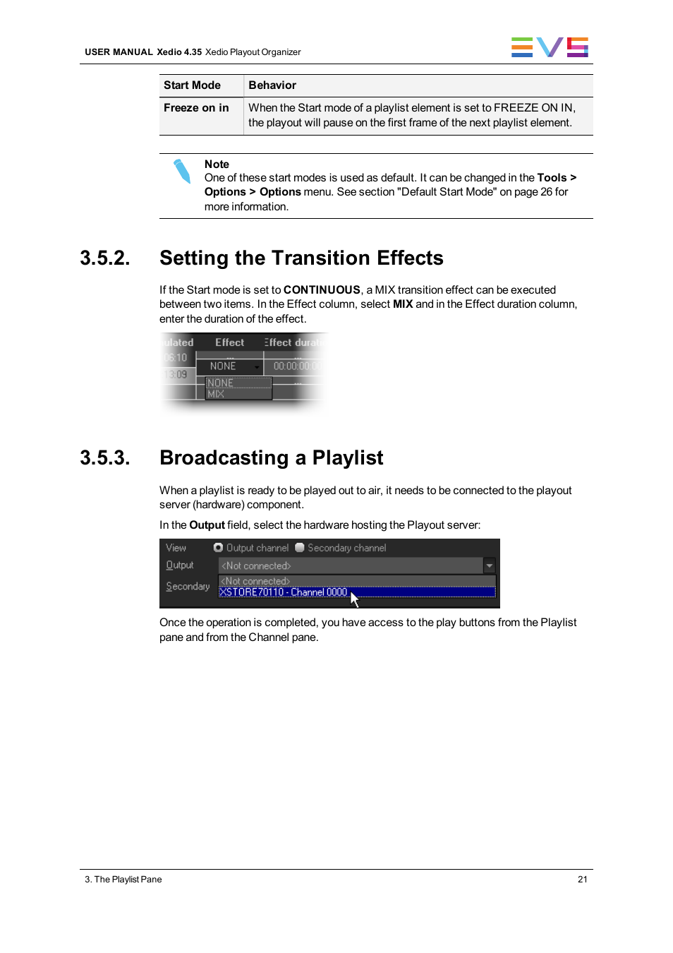 Setting the transition effects, Broadcasting a playlist | EVS XEDIO Playout Organizer Version 4.35 - August 2013 User Manual User Manual | Page 29 / 36