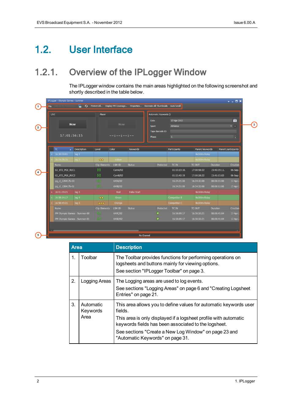 User interface, Overview of the iplogger window | EVS IPDirector Version 6.0 - November 2012 Part 2 User's Manual User Manual | Page 12 / 92