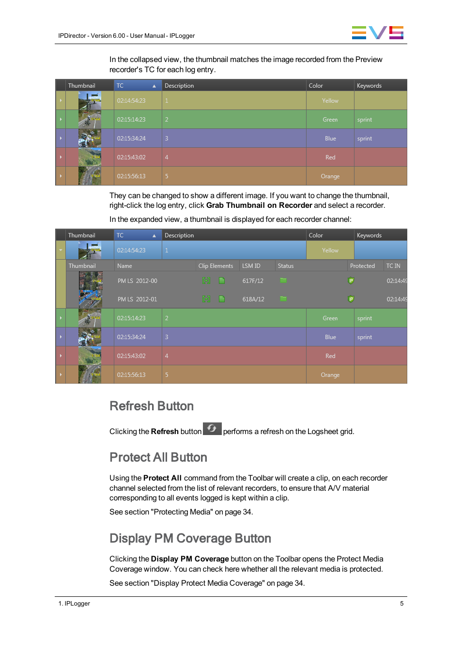 Refresh button, Protect all button, Display pm coverage button | EVS IPDirector Version 6.0 - November 2012 Part 2 User's Manual User Manual | Page 15 / 92