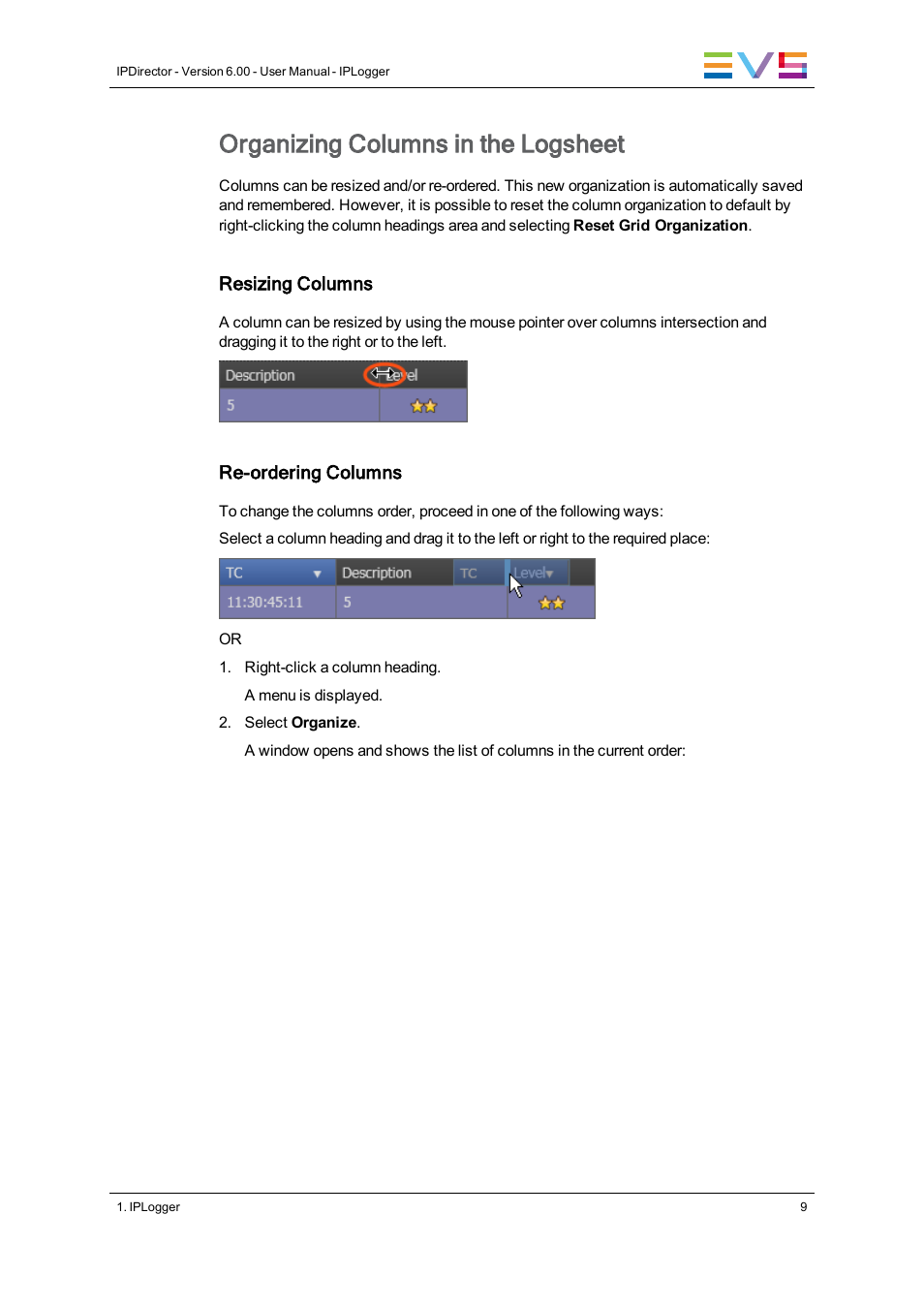 Organizing columns in the logsheet | EVS IPDirector Version 6.0 - November 2012 Part 2 User's Manual User Manual | Page 19 / 92