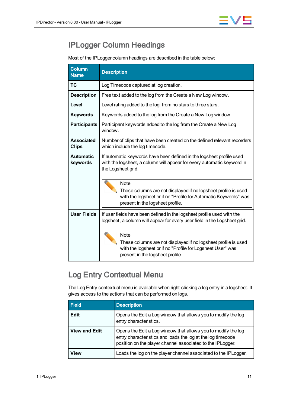 Iplogger column headings, Log entry contextual menu | EVS IPDirector Version 6.0 - November 2012 Part 2 User's Manual User Manual | Page 21 / 92