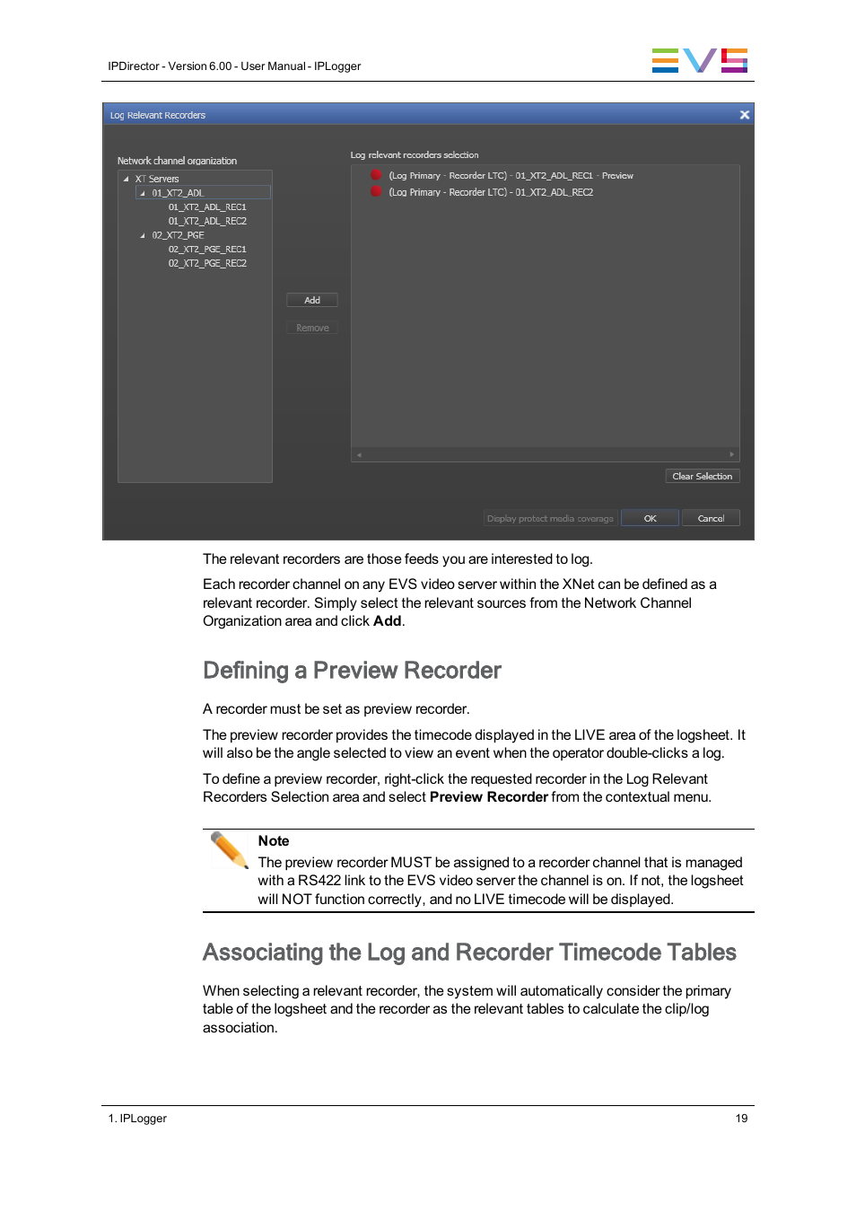 Defining a preview recorder, Associating the log and recorder timecode tables | EVS IPDirector Version 6.0 - November 2012 Part 2 User's Manual User Manual | Page 29 / 92