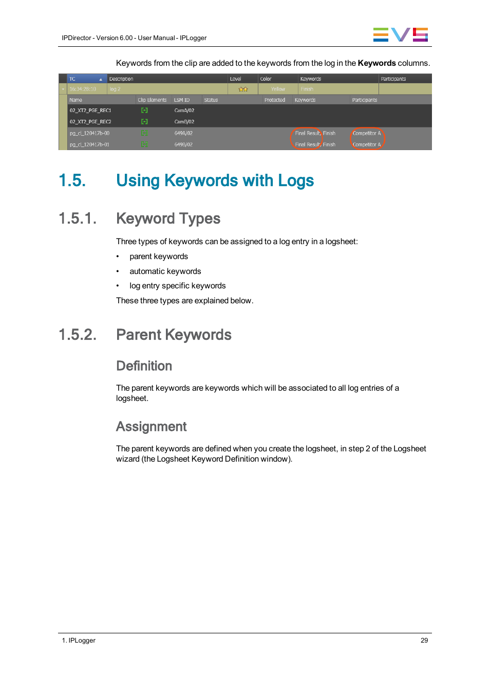 Using keywords with logs, Keyword types, Parent keywords | Definition, Assignment | EVS IPDirector Version 6.0 - November 2012 Part 2 User's Manual User Manual | Page 39 / 92