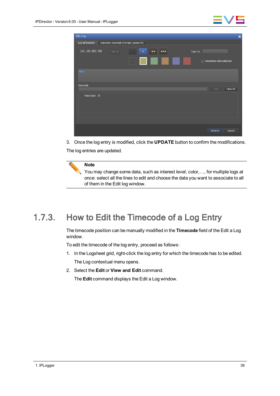 How to edit the timecode of a log entry | EVS IPDirector Version 6.0 - November 2012 Part 2 User's Manual User Manual | Page 49 / 92