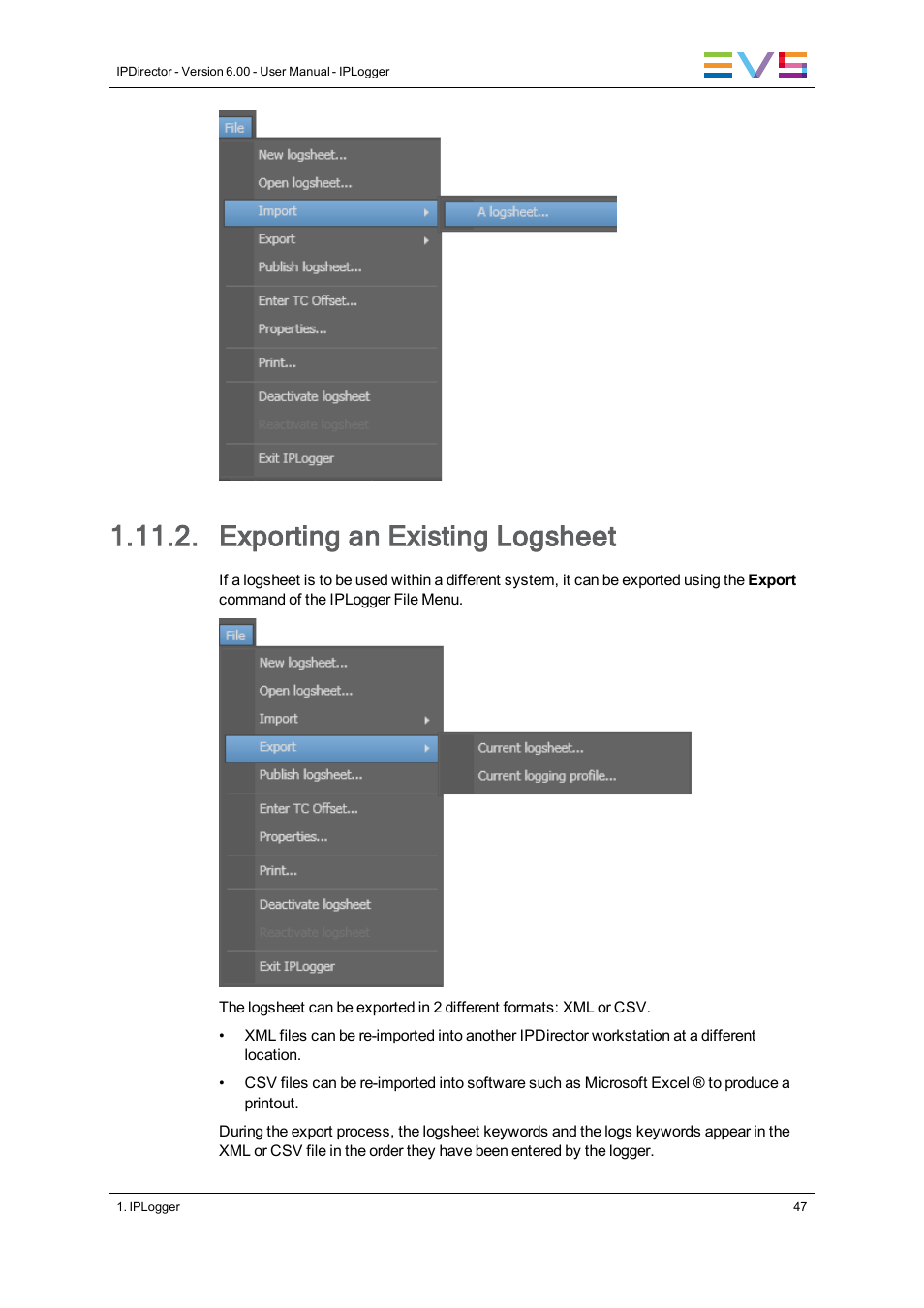 Exporting an existing logsheet | EVS IPDirector Version 6.0 - November 2012 Part 2 User's Manual User Manual | Page 57 / 92