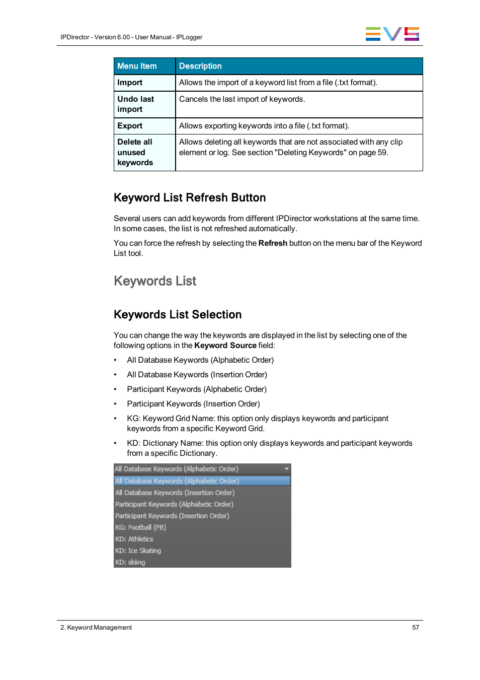 Keywords list, Keyword list refresh button, Keywords list selection | EVS IPDirector Version 6.0 - November 2012 Part 2 User's Manual User Manual | Page 67 / 92