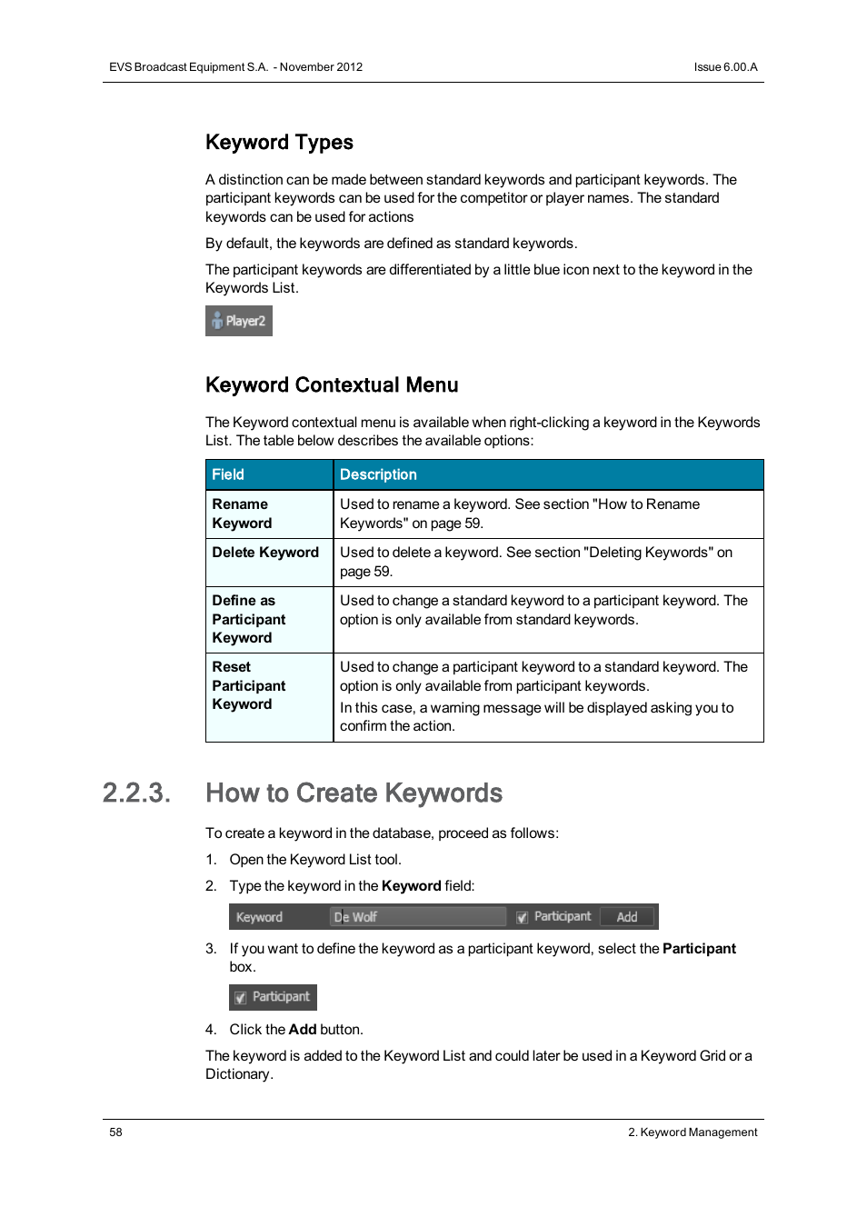 How to create keywords, Keyword types, Keyword contextual menu | EVS IPDirector Version 6.0 - November 2012 Part 2 User's Manual User Manual | Page 68 / 92