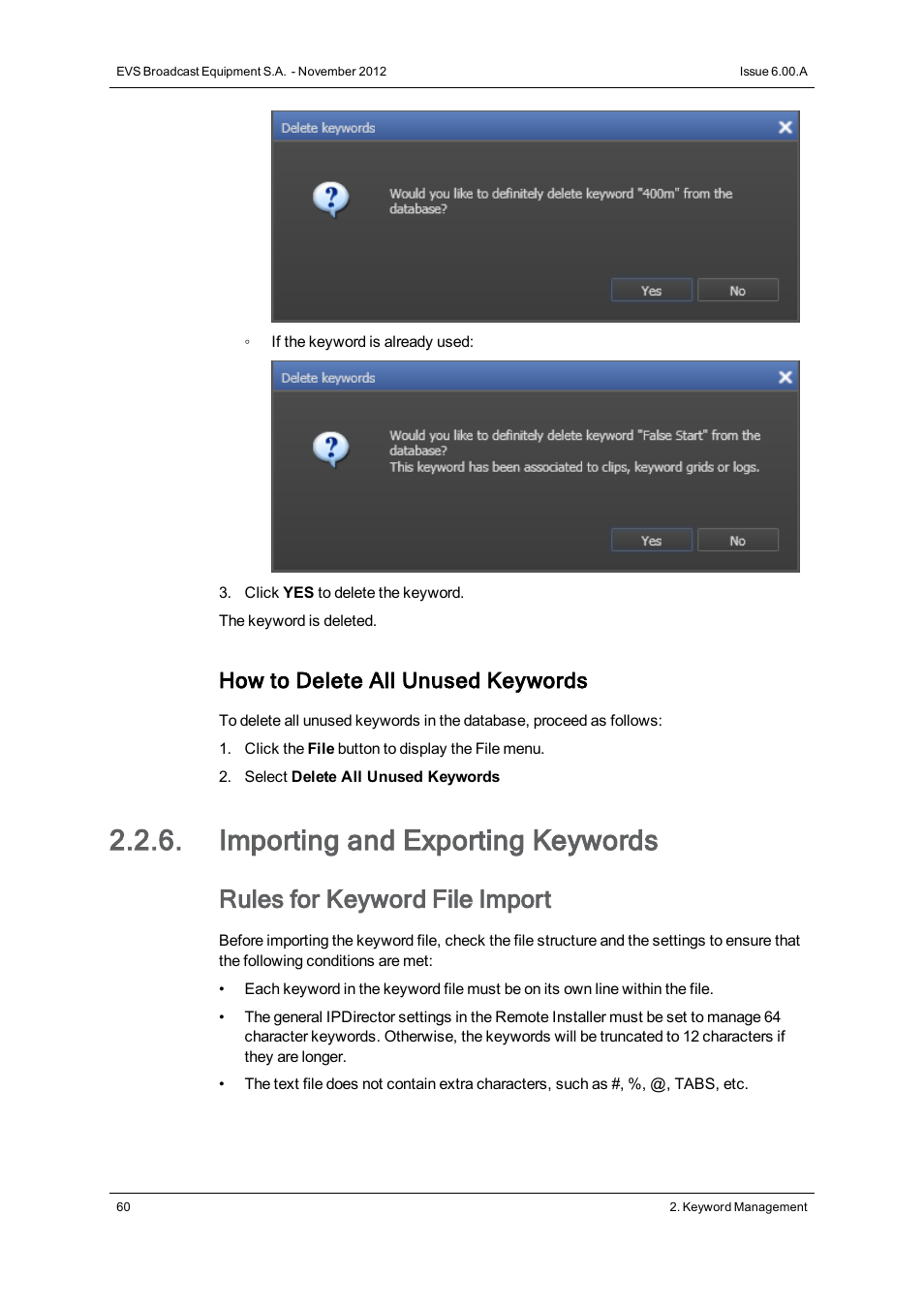 Importing and exporting keywords, Rules for keyword file import, How to delete all unused keywords | EVS IPDirector Version 6.0 - November 2012 Part 2 User's Manual User Manual | Page 70 / 92