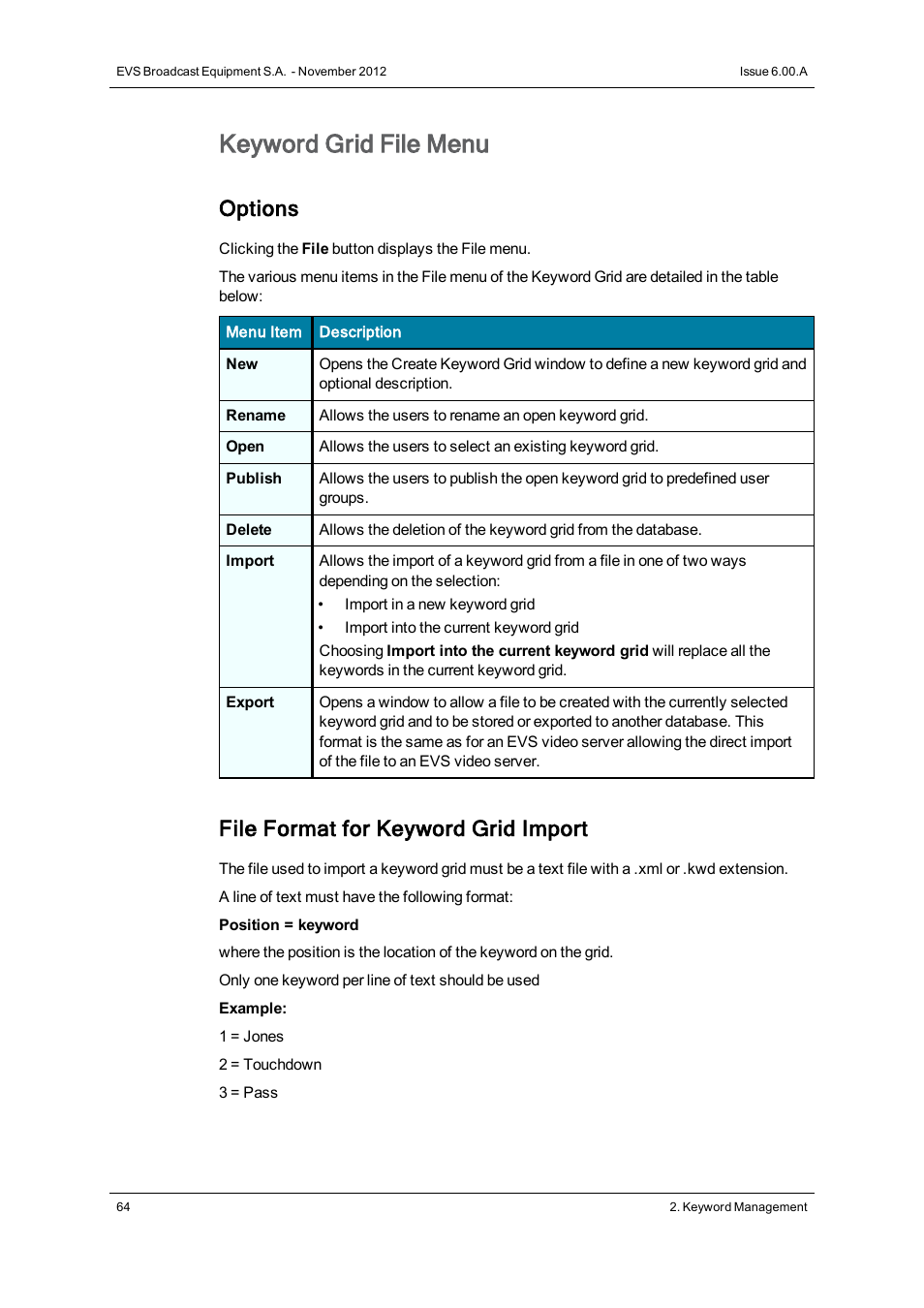 Keyword grid file menu, Options, File format for keyword grid import | EVS IPDirector Version 6.0 - November 2012 Part 2 User's Manual User Manual | Page 74 / 92