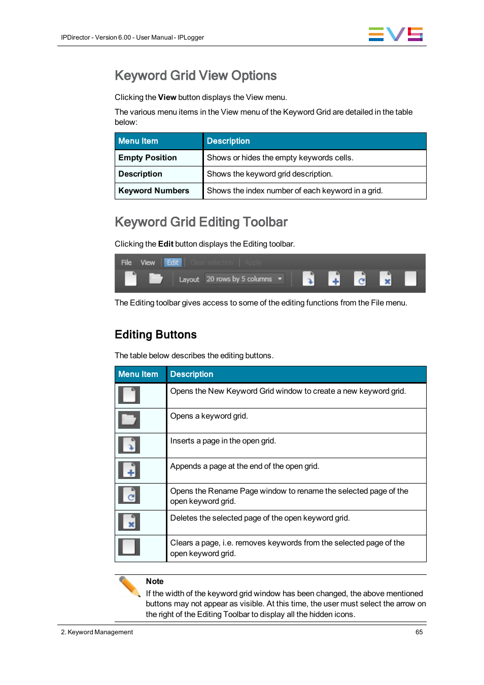 Keyword grid view options, Keyword grid editing toolbar, Editing buttons | EVS IPDirector Version 6.0 - November 2012 Part 2 User's Manual User Manual | Page 75 / 92