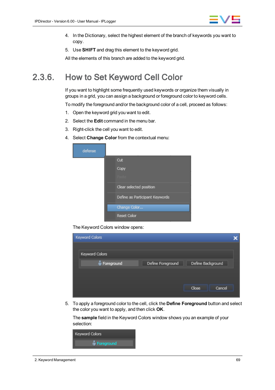 How to set keyword cell color | EVS IPDirector Version 6.0 - November 2012 Part 2 User's Manual User Manual | Page 79 / 92